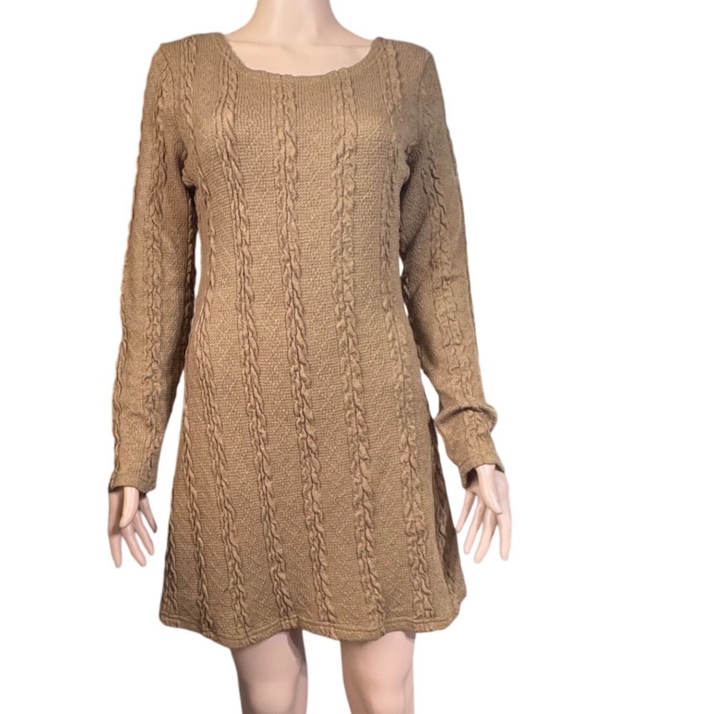 Mokingtop Sweater Dress‎ Womens Cable Knit Long Sleeve Mini Camel Brown A-Line